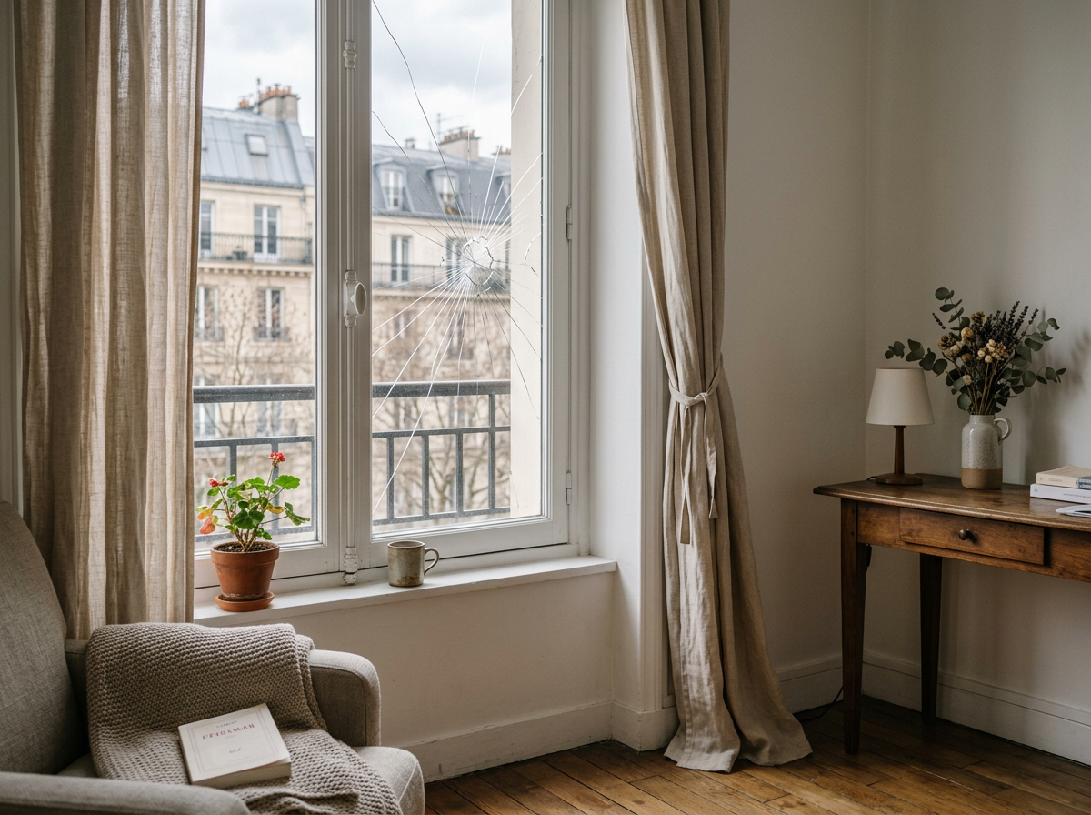 Une fenêtre parisienne dont le double vitrage est fissuré, vue depuis l’intérieur du salon