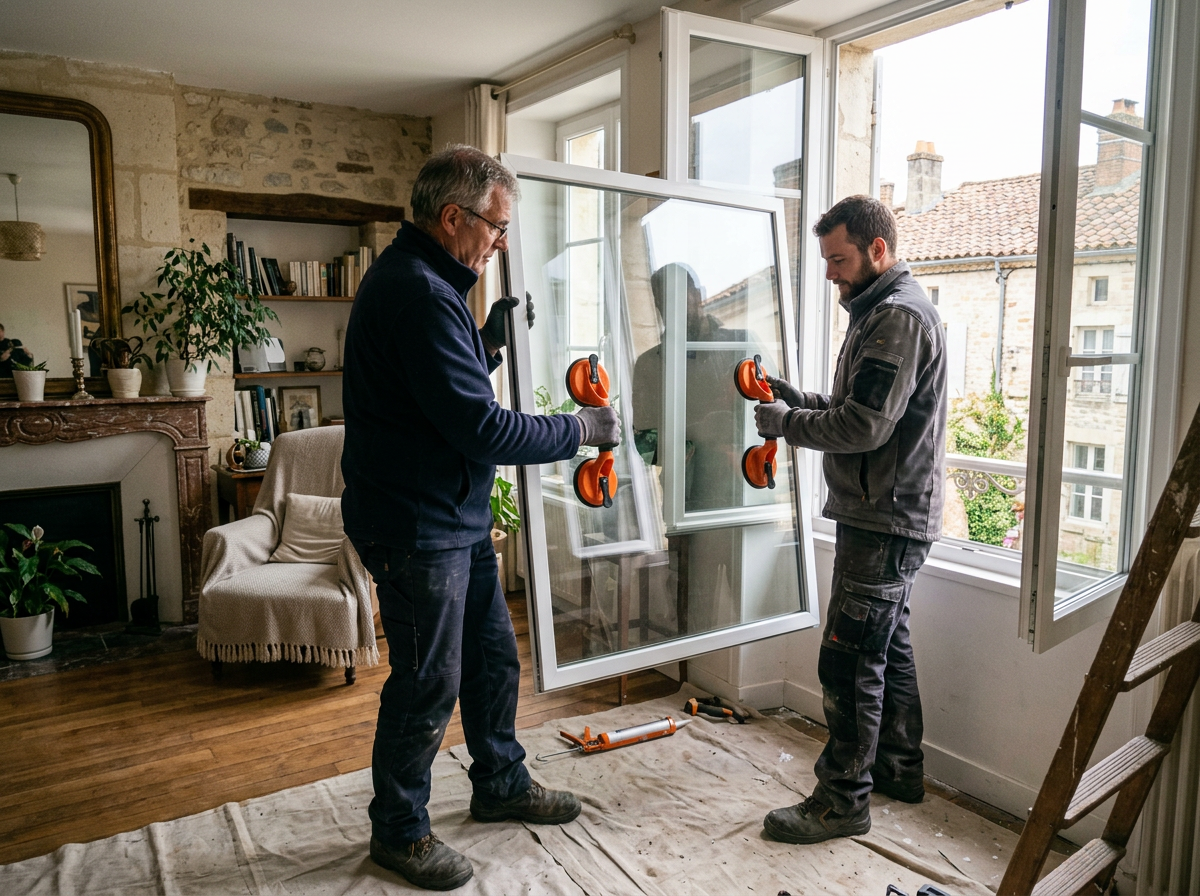 Deux poseurs tiennent une vitre avec des ventouses devant une fenêtre ouverte