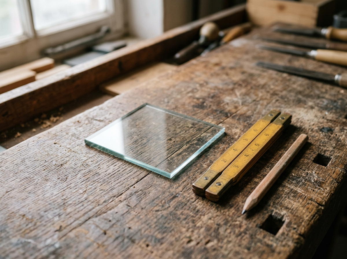 Un échantillon de verre, un mètre pliant et un crayon sur un établi en bois