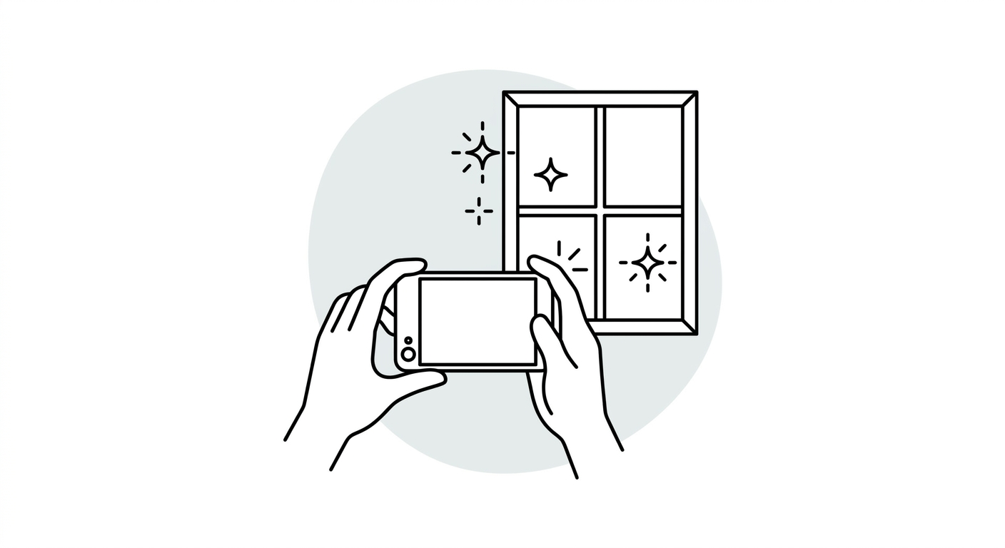 Dessin au trait : deux mains photographient une fenêtre avec un téléphone