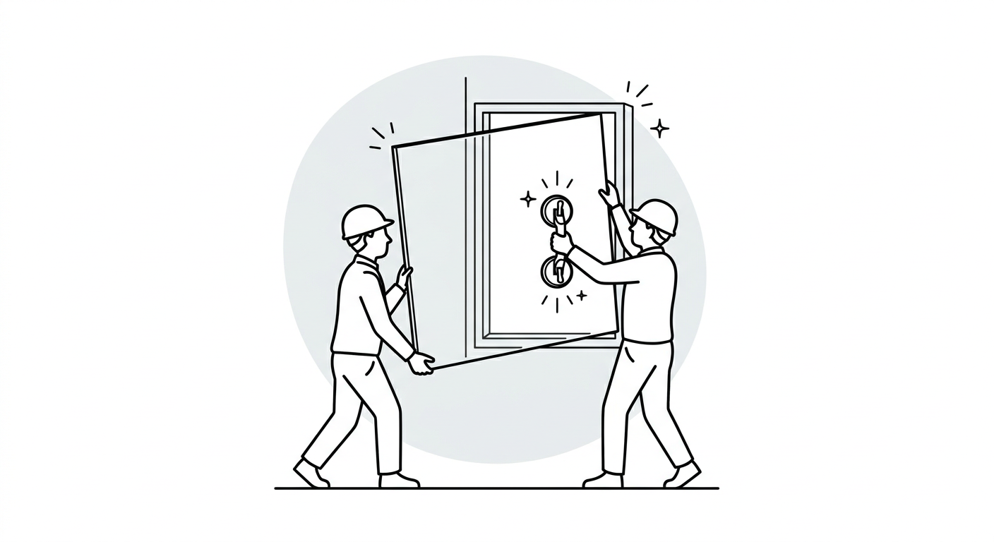Dessin au trait : deux poseurs portent une vitre avec des ventouses